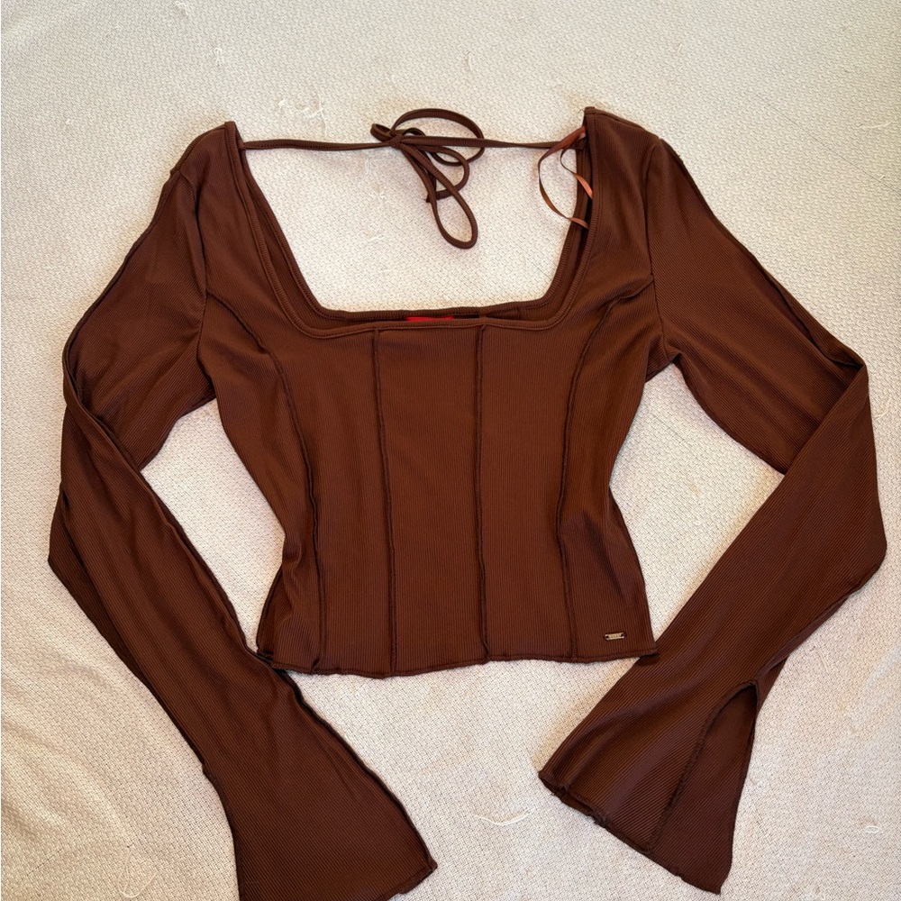 NWT Guess Brown Long Sleeve Square Neck Top